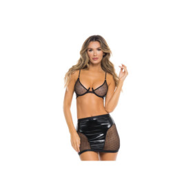 Ensemble 2 pièces noir comprenant soutien gorge et jupette vinyl et résille 